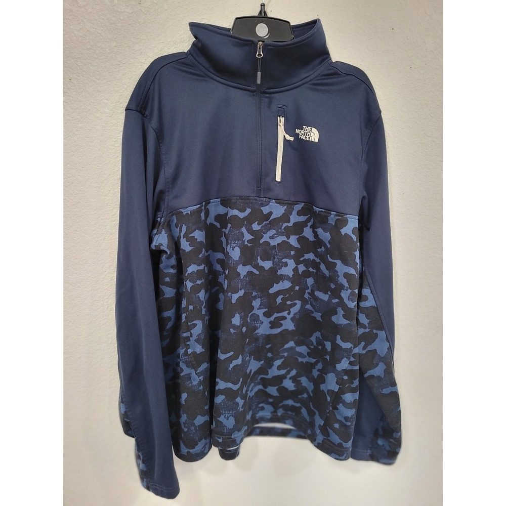 The North Face Mens Quarter Zip Pullover Navy Blue Camo Fleece Lined Large #23